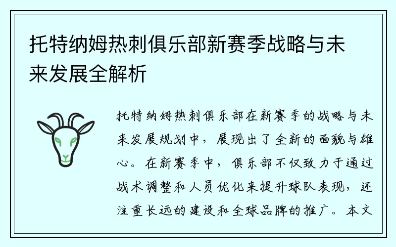 托特纳姆热刺俱乐部新赛季战略与未来发展全解析
