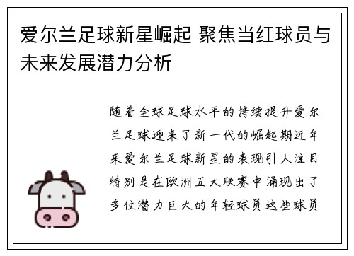 爱尔兰足球新星崛起 聚焦当红球员与未来发展潜力分析