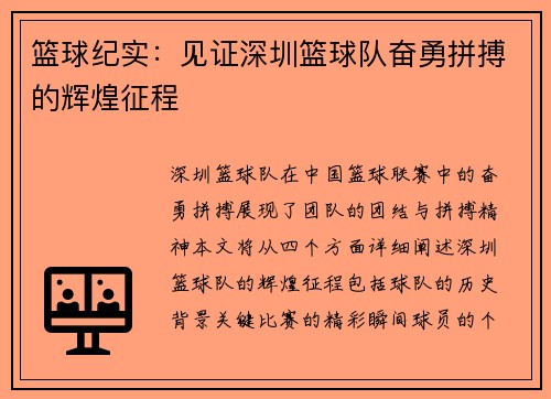 篮球纪实：见证深圳篮球队奋勇拼搏的辉煌征程